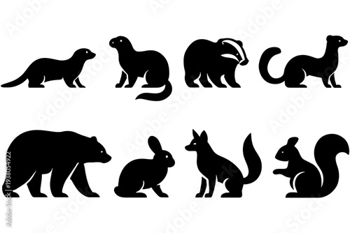 silhouettes of animals,
Dynamic Weasel Silhouettes Set on Clean White Background