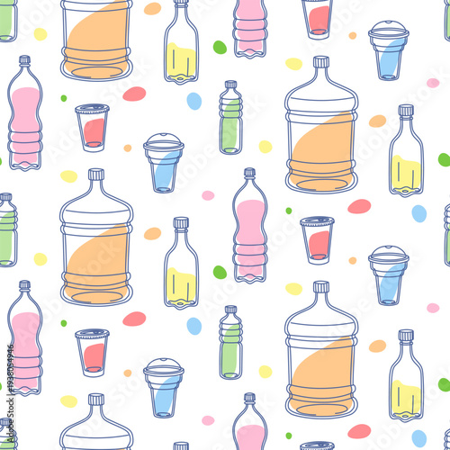 Seamless pattern with various plastic bottles, water coolers, water glasses, and bright abstract shapes on white background. Flat illustration for kitchen textile, healthy drink wrap beverage backdrop