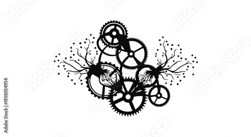 Steampunk gear mechanism illustration with cogs and sparks