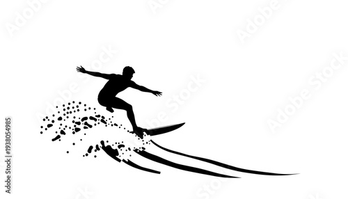 Surfing silhouette riding ocean wave with water splash, extreme summer water sport illustration isolated on white background, vector illustration