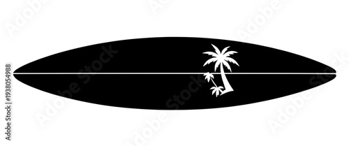 Surfboard silhouette with palm tree design isolated on white background, tropical beach summer surfing concept, vector illustration