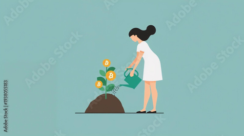 Watering bitcoin plant sprout vector illustration