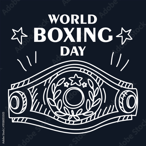 World Boxing Day greeting card with outline champion belt and laurel wreath isolated on dark background. Flat illustration for sports awards posters, fitness club banners or social media post. square