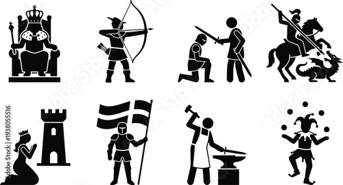 Medieval-themed vector illustrations depicting royalty, knights, and mythical creatures in various scenes