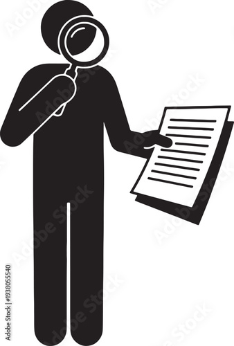 Person examining document with magnifying glass