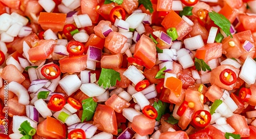 Macro Close-Up of Vibrant Zesty Pebre Chilean Salsa Highlighting Fresh Aromatic Ingredients