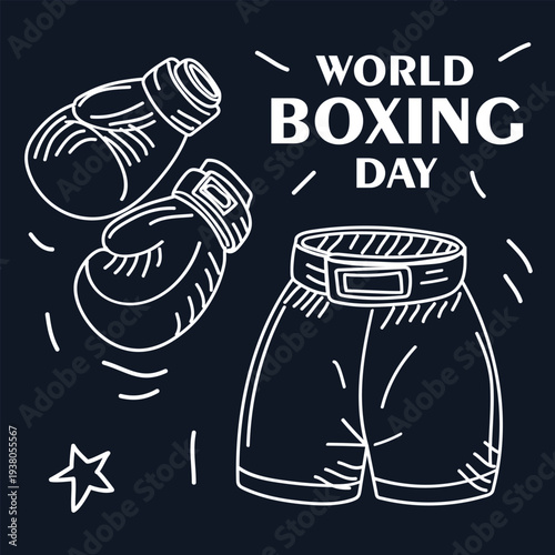 World Boxing Day greeting card with outline boxing gloves and shorts isolated on dark background. Flat illustration for sports event posters, fitness center banners or social media graphics. square