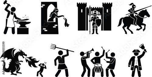 Medieval-themed vector illustrations showcasing blacksmith, knight, dragon, and celebration scenes