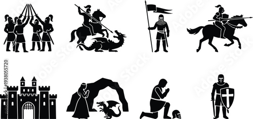 Silhouette illustrations of medieval knights, castles, and dragons in a dynamic battle setting