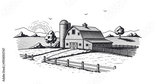 Farmhouse with silo and fence.
