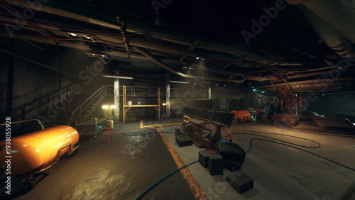 spacious underground operations bay with crates, large beams and tool benches line floor, generator hum and cable bundles create workshop energy, technician
