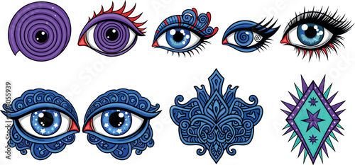 Mystical eye symbols collection boho spiritual vision ornament magic tattoo vector illustration set decorative occult design