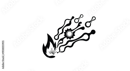 Black and white abstract technology illustration with gear and flames