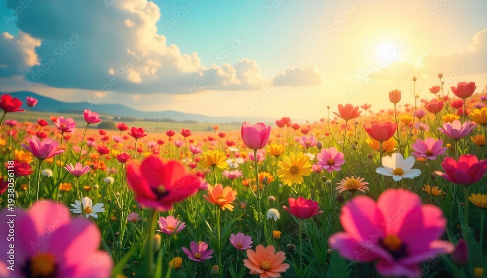 Obraz premium A vibrant field of flowers bursting into bloom, representing the concept of recognition blossoming and flourishing , leaves, progress