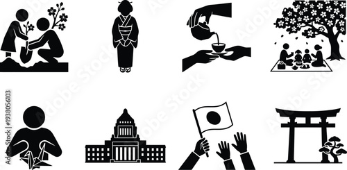 Cultural symbols of Japan represented through various minimalist vector illustrations