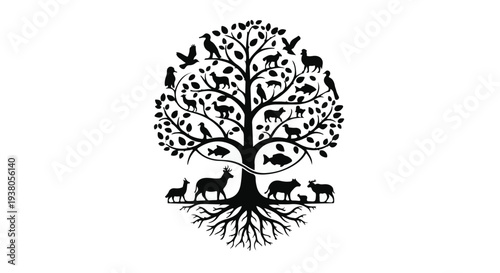 tree of life with animals silhouette nature eco concept