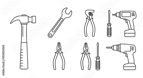 hand tools set line icons hammer wrench drill.