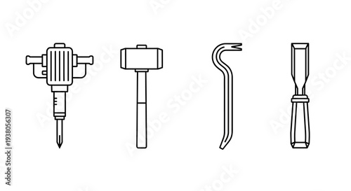 Drill hammer hook chisel line icons set.