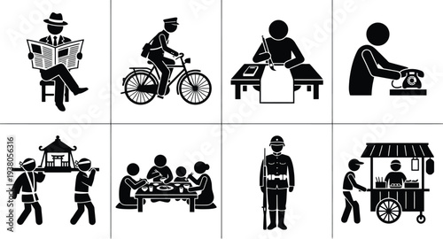 Collection of black silhouette illustrations depicting various daily life activities and professions