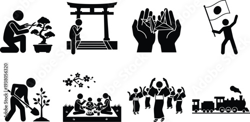 Cultural symbols and activities represented in vector illustrations showcasing traditions, arts, and nature