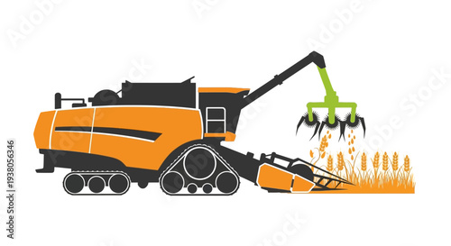 Large orange harvester machine collecting crops.