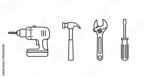 Set of tools drill hammer pliers screwdriver.