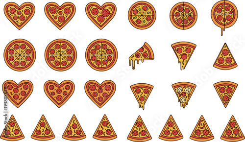 Pizza slices and whole pizzas collection with pepperoni cheese toppings including heart shaped pizza cartoon fast food vector illustration set