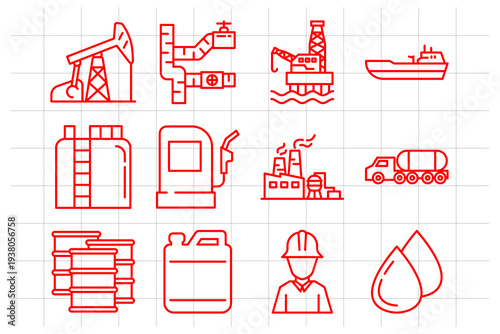 Industrial Oil Gas Line Icon Set for Petroleum Energy Production. Red line icons of drilling rigs, pipelines, and fuel transport for energy industry