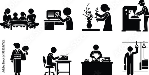 Diverse silhouettes of people engaged in various professions and activities in a minimalist style