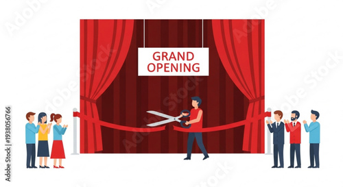 Woman cutting ribbon at grand opening ceremony with audience  