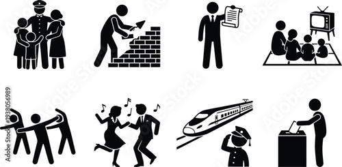 Diverse vector icons depicting various social activities and professions in black and white