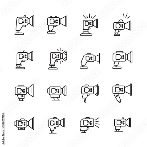 Video Camera Icons Set Isolated on White Background Different Angles and Flash Effects Line Art Style