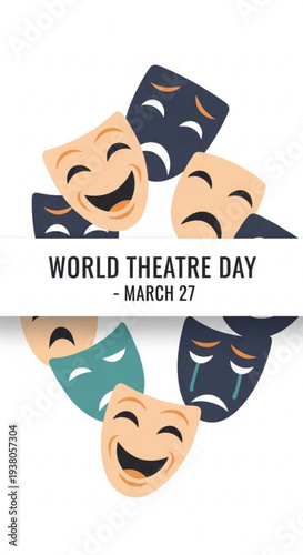 Colorful theatre masks representing World Theatre Day celebration  