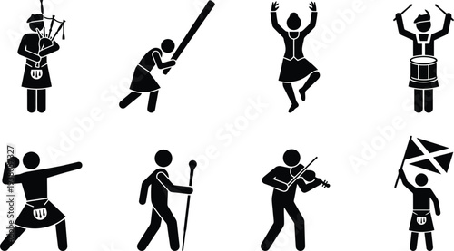 Collection of traditional Scottish dancers and musicians performing various cultural activities