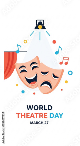 World Theatre Day celebration with masks and musical notes illustration  
