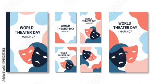 Collection of World Theater Day designs featuring masks and colors  