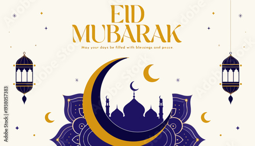 Eid Mubarak celebration with mosque and crescent moon