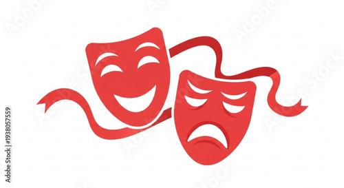 Red comedy and tragedy masks with ribbon on white background  