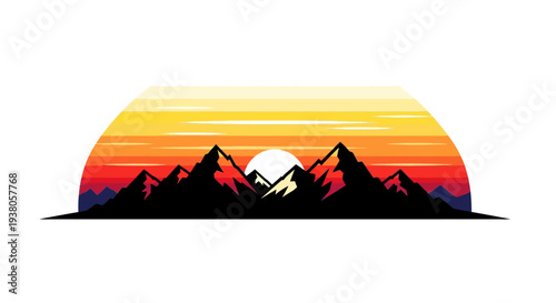 Sunset behind mountain peaks silhouette landscape.