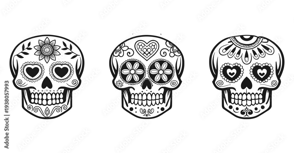Obraz premium Hand Drawn Decorative Sugar Skulls with Floral and Heart Patterns Mexican Folk Art Black and White Illustration