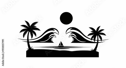 Black silhouette of tropical beach scene.
