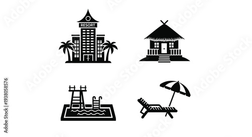 Resort Vacation Travel Icons Set Black and White Isolated
