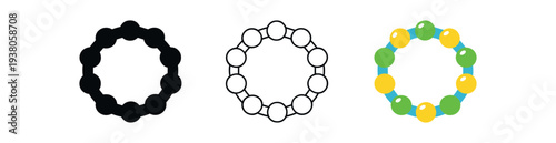Three circular bead-ring icons shown as solid, outline, and bright color versions that can represent jewelry, molecules, or decorative patterns.