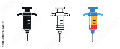 Three syringe icons — filled, stroke, and multicolor versions — suitable for healthcare, vaccination, or medical app iconography.