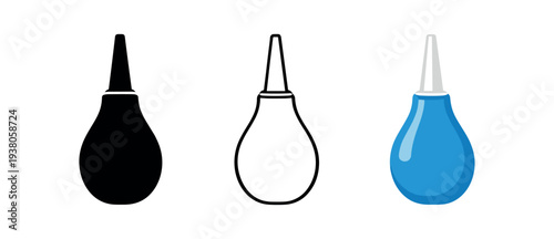 Three styles of a rubber bulb syringe (ear/nostril aspirator) shown as solid, outline, and colored blue versions for use in health, hygiene, or first-aid graphics.