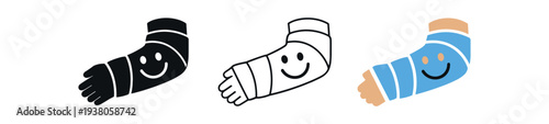 Three simple icon versions of an arm in a blue cast with a smiling face in solid, outline, and colored styles for medical recovery, rehab, or child injury materials.