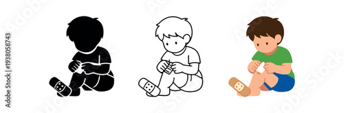 Three icon versions of a young child seated and putting a bandage on a scraped knee in solid, outline, and color styles for first aid or pediatric materials.