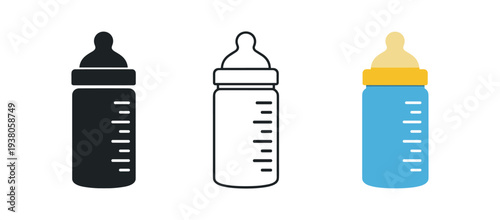 Three icon versions of a baby feeding bottle in solid, outline, and colored styles for parenting guides, nursery design, or product labels.
