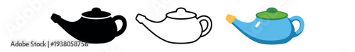 Three small icons of a curved oil lamp with spout, handle, and lid shown as a solid silhouette, an outline, and a colorful version for design assets.