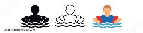 Three simple icons of a person swimming in waves shown as solid black, outline, and full-color flat variants for use in activity or facility graphics.